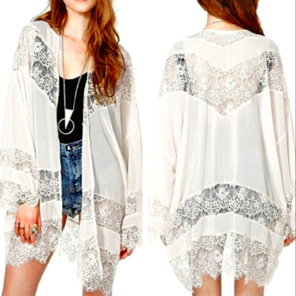 Long Sleeve Woven Woven Lace Chiffon Irregular Hem OpenFront Kimono Duster Ivory